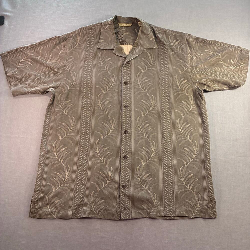 Tommy Bahama 100% Silk Hawaiian Camp Shirt Mens Large Brown Palm Leaf